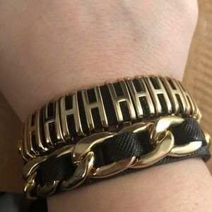 Gold and Black leather wrap bracelet with snaps
